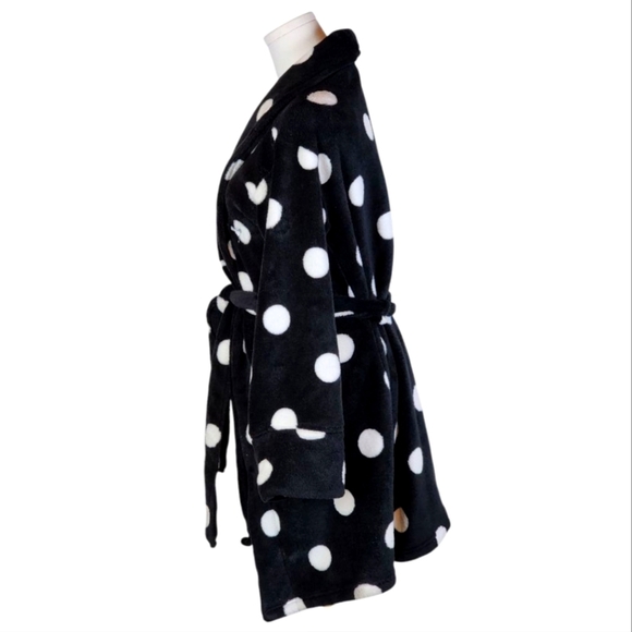 PINK Black Polka Dot Robe XS/S Fleece Belted Lounge Bathrobe Soft Plush Cozy - Picture 2 of 7